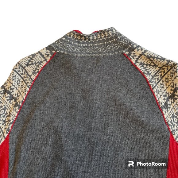 Eddie Bauer 100% Merino Sweater Gray/Red Full Zip Fair Isle Mock Neck Ski - Picture 8 of 13